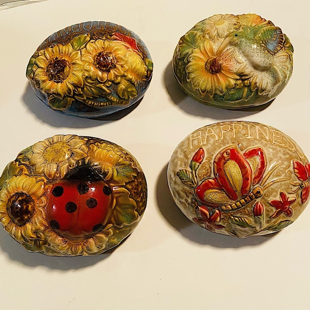 Lot of 4 Whimsical 3D Colorful Tranquility & Happiness Garden Decor Rock Art.
